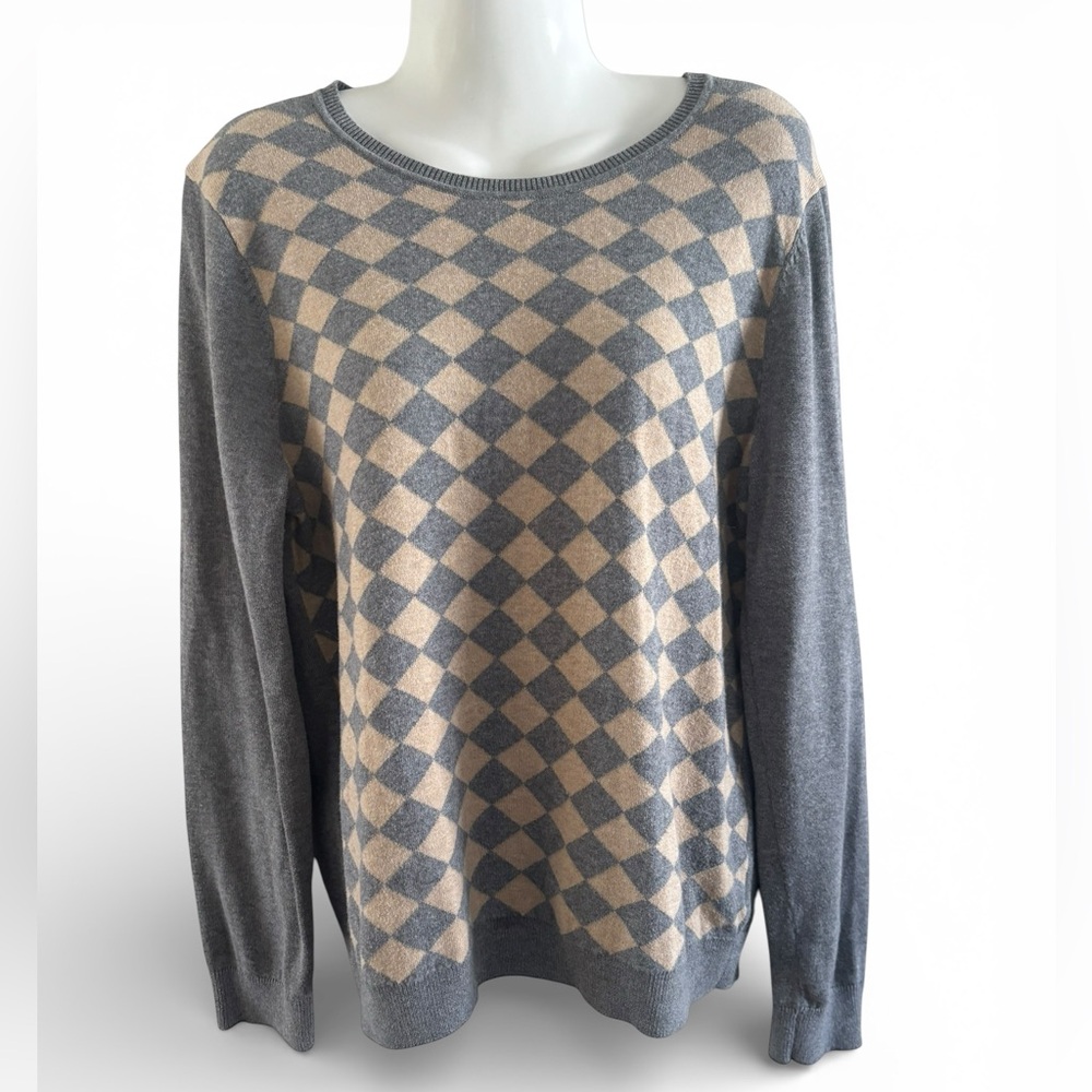 Liz Claiborne Gray Tan Argyle Diamond Crew Neck Classic Sweater Size L